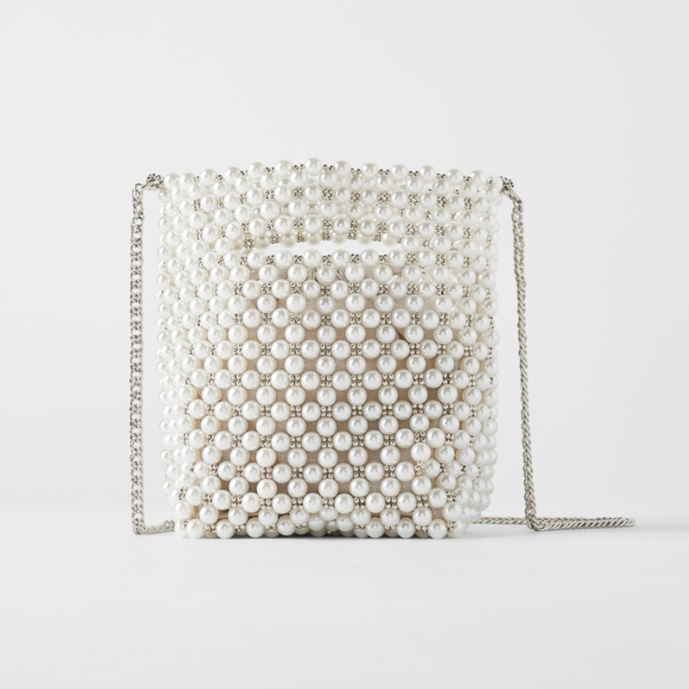 Zara White Pearl Beaded Crossbody Bag with Silver Chain
